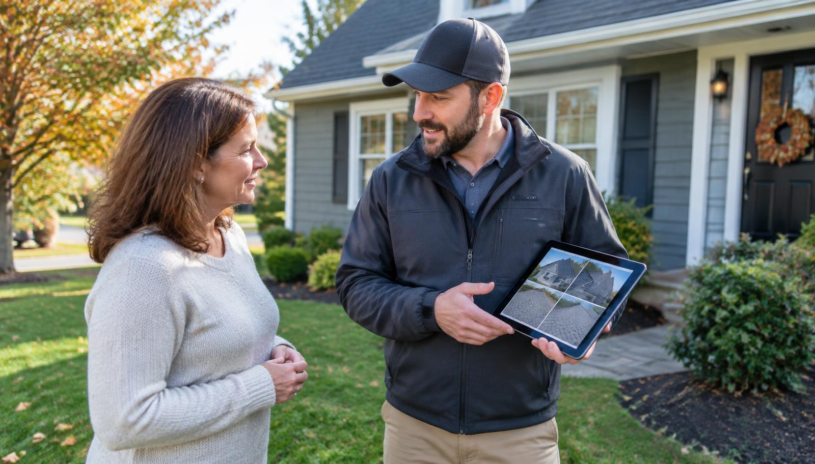 Massachusetts homeowner speaking with a professional roofing contractor holding a tablet with roof photos outside a Fitchburg home